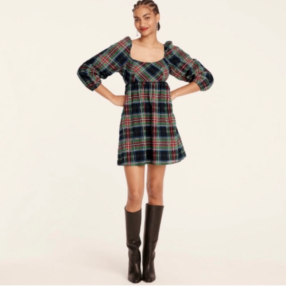 J crew tartan plaid mini dress smocked puff sleeves size 6